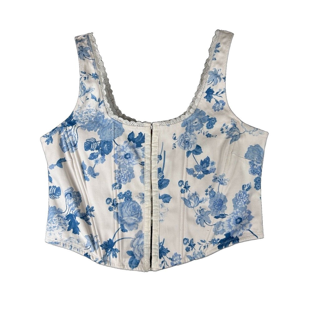 Shyanne white blue roses corset boning eyelet lace hooks Feminine Romantic Sz L